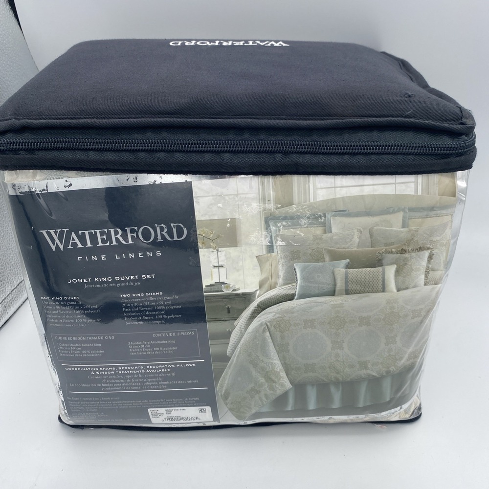 Beautiful NOS Waterford Fine Linens Jonet King Duvet‎ 3 Piece Set Cream Aqua